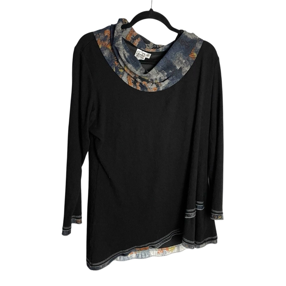 Parsley & Sage Tunic Top Womens L Black Cowl Neck Knit Jersey Asymmetric Hem